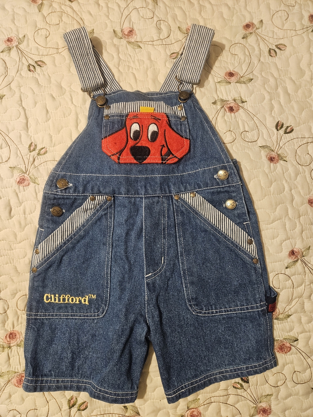 Vintage Clifford Denim Kids Overalls Shorts - Blue with Red Dog Patch Y2K